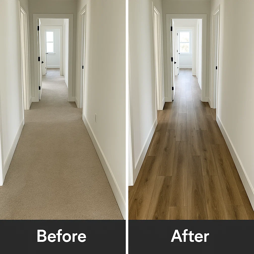 A before and after of a flooring install, carpet to hardwood floor